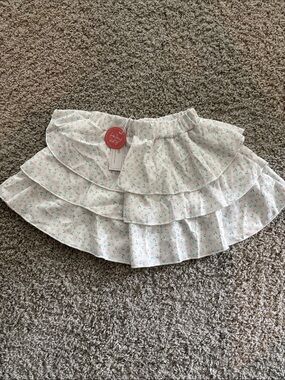 Girls' Ruffled Floral Tiered Skirt - White with Pink & Green